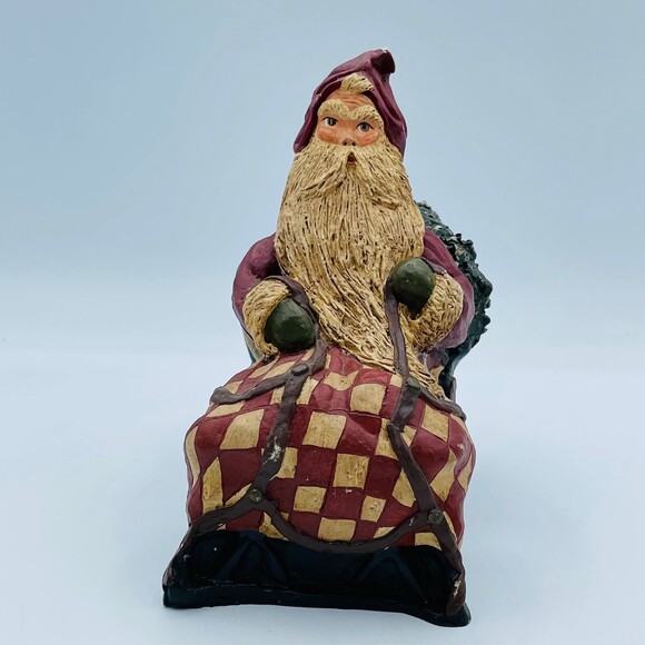 Vintage Folk Art Old World Santa on Sleigh Checker Blanket Signed Diana Wade '88 - Picture 4 of 8
